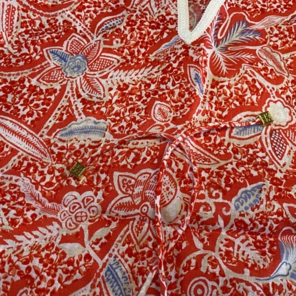 Tory Burch Red Floral Linen Dress Size XS - Picture 3 of 5